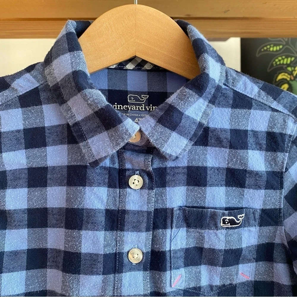 Vineyard Vine Blue Lighthouse Gingham Plaid Flannel Shirt Dress 4t